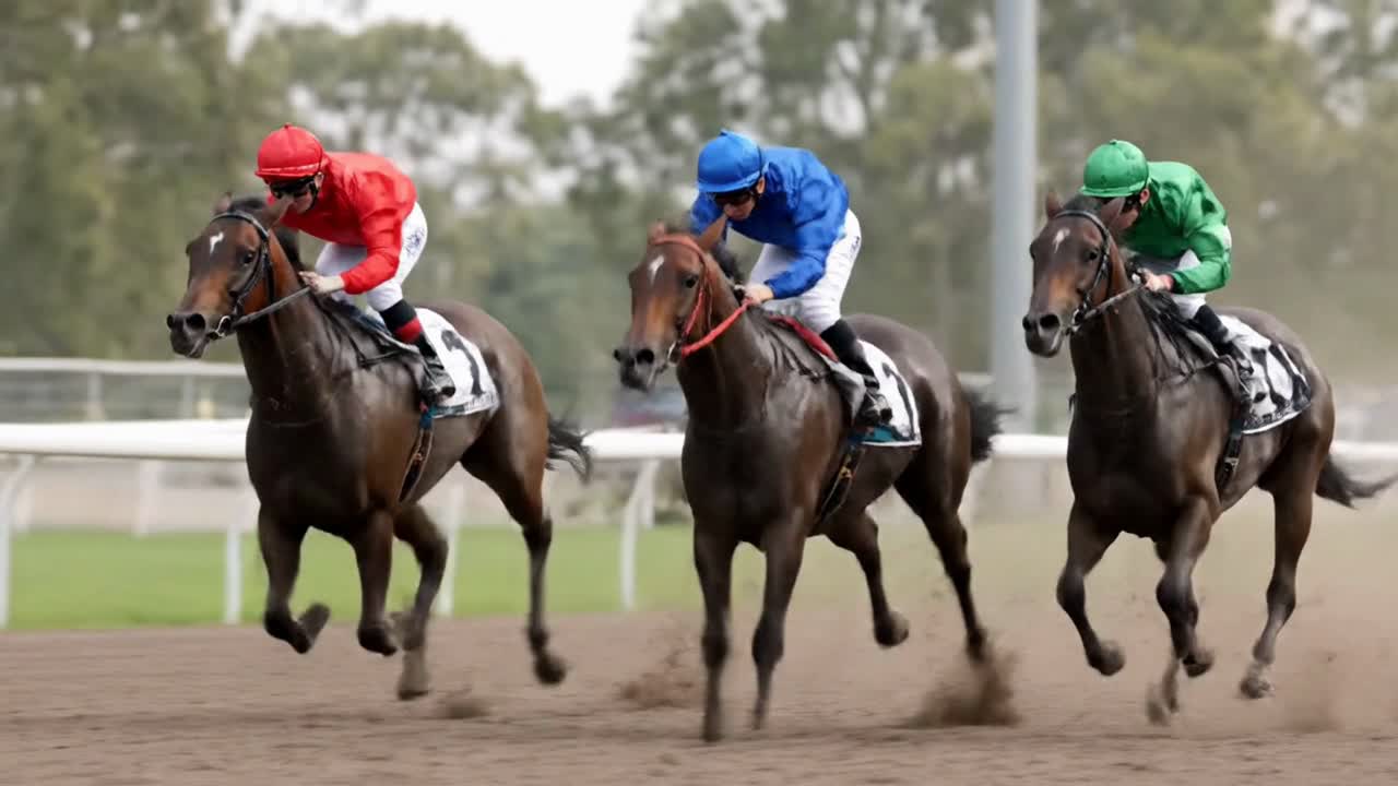 Three Jockeys in a Fierce Horse Race Competition on a Dirt Track