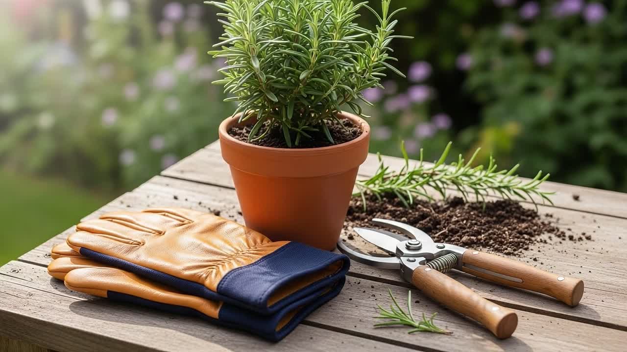 A Snapshot of Gardening Tools and Aromatic Herbs: Capturing the Essence of Plant Care with Gloves, Shears, and a Potted Herb Plant on a Sunny Table