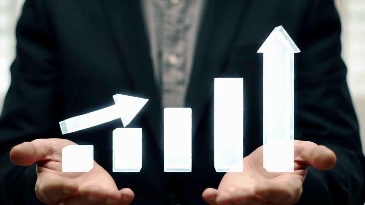 Businessman Holding a Holographic Bar Chart Showing Financial Growth and Success