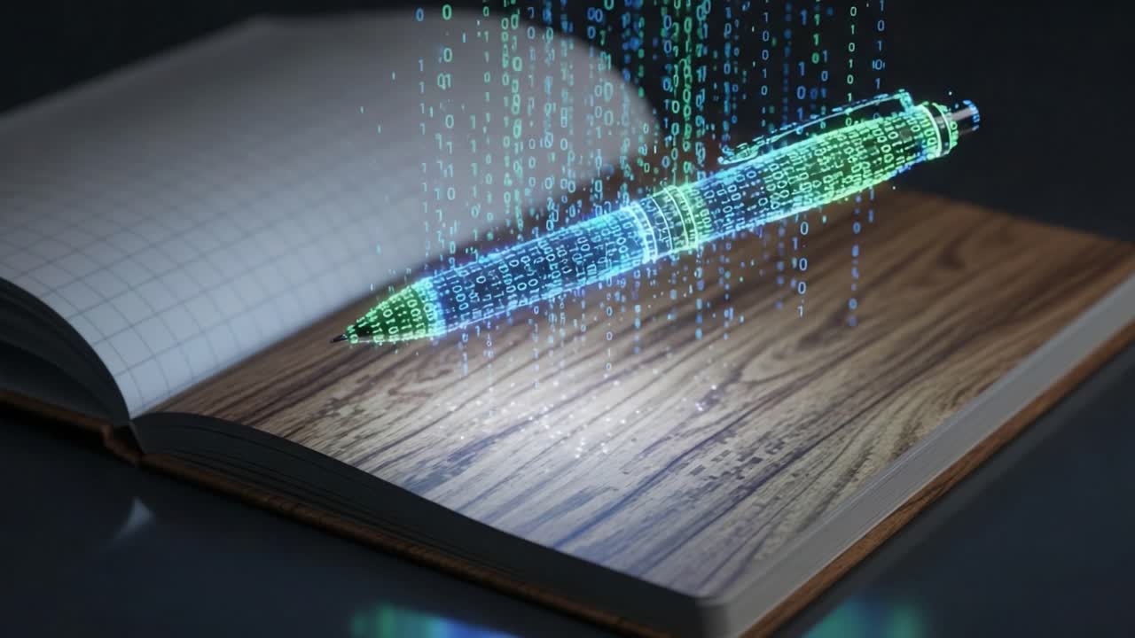 Digital Transformation: A High-Tech Pen Writing Data in Binary Format on an Open Book's Page, Blending Creativity and Technology in a Unique Artistic Display