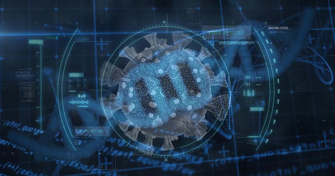 On launch rotating DNA helix pivoting into virus while expanding targeting ring analysing infection