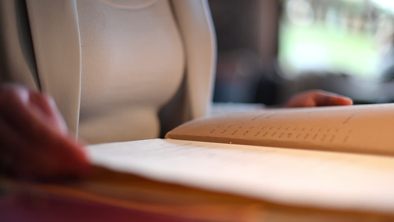 Woman reading a menu at a restaurant at lunch