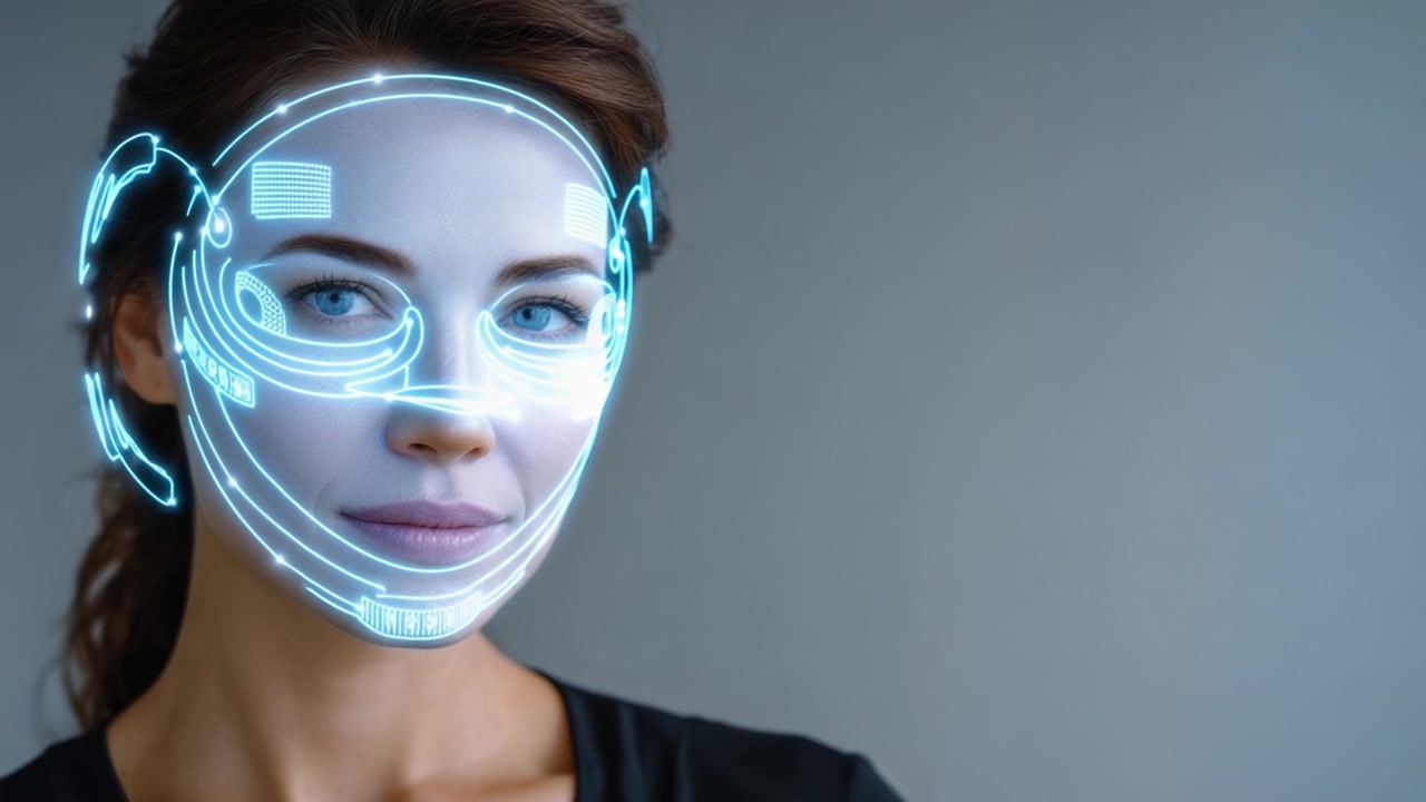 Facial Analysis Technology: A Woman's Expression Enhanced by Advanced Digital Overlay in a Modern Setting, Showcasing Human-Digital Interaction and Innovation