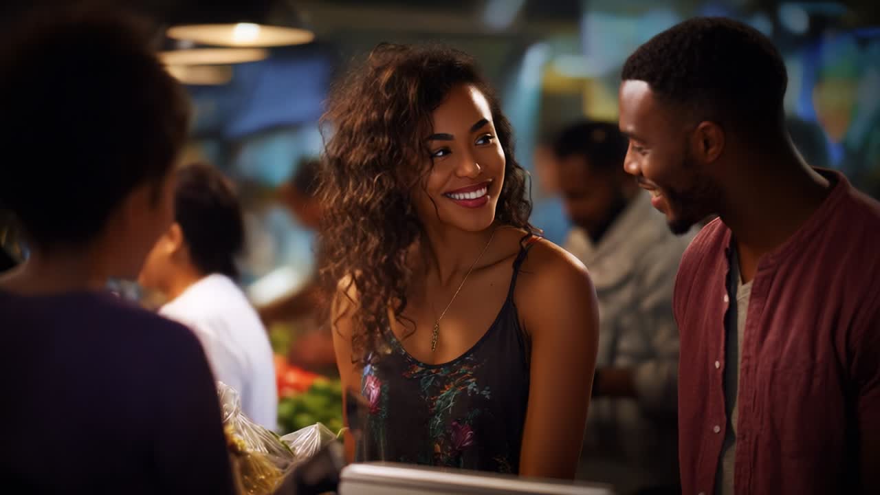 A Joyful Encounter at the Market: Two Charismatic Individuals Share a Splendid Moment of Connection and Laughter While Engaging with the Vendor Amidst Lush Produce and Vibrant Energy in a Bustling Atmosphere