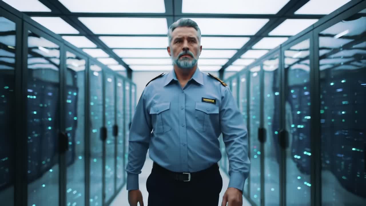 A Security Officer Walking Confidently Through a High-Tech Data Center with Server Racks and Illuminated Shelves, Emphasizing Modern Technological Surveillance and Protection