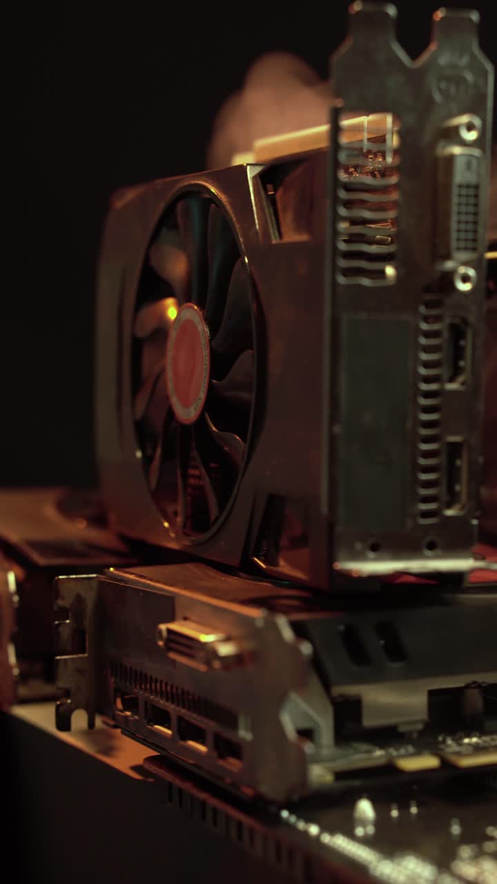 Primo Piano Verticale di Vecchie Schede Grafiche VGA per Computer nel Fumo