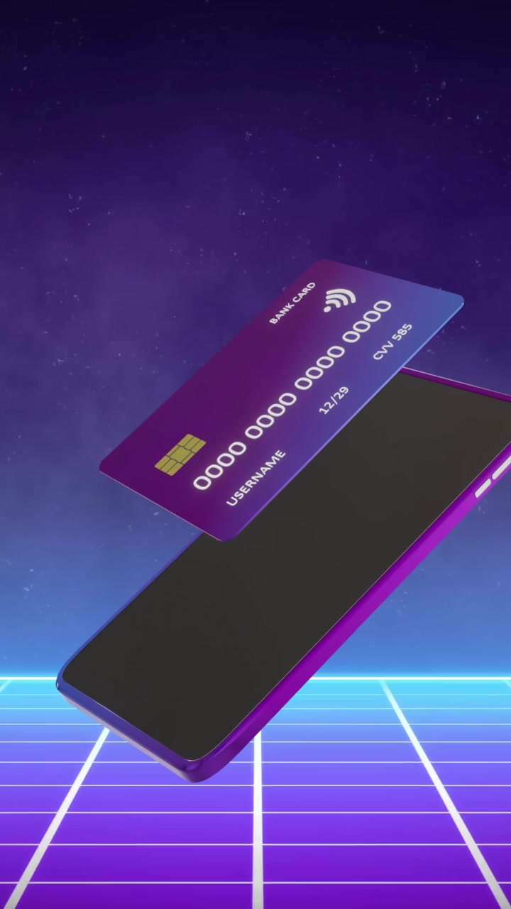 Animation of credit card and smartphone over black background