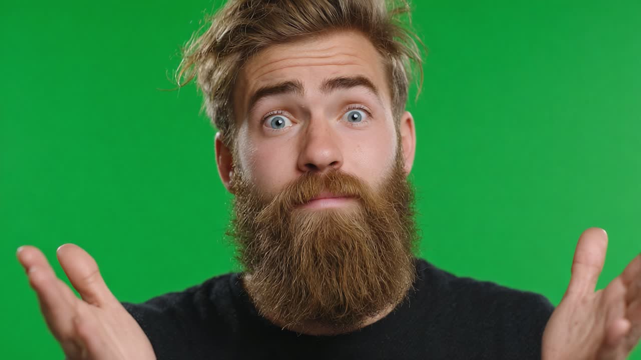 A Surprised Man with a Beard and Green Background Expresses Confusion in Two Frames, Showcasing Different Emotions in Each Shot