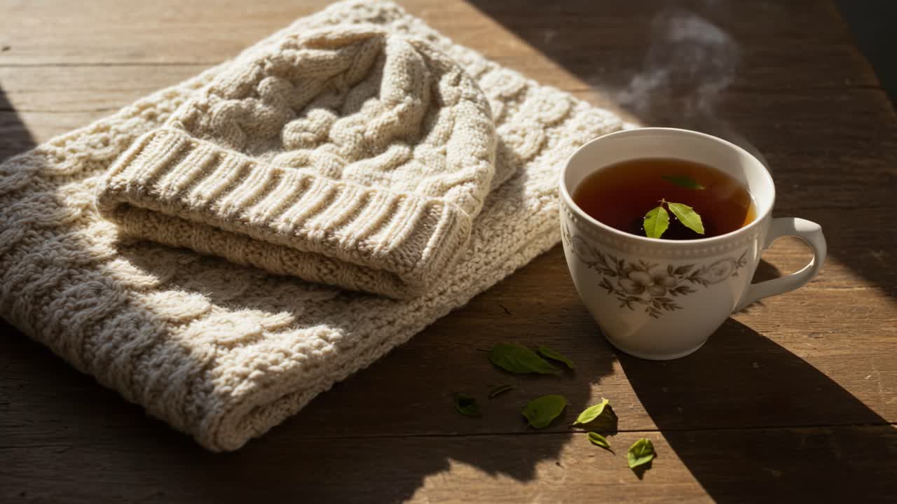 Cozy Moments: A Warm Cup of Herbal Tea and a Soft Knit Hat Nestled Together on a Wooden Table, Evoking Comfort and Relaxation in Cold Weather