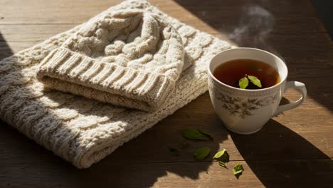 cozy moments: a warm cup of herbal tea and a soft knit hat nestled together on a wooden table, evoking comfort and relaxation in cold weather