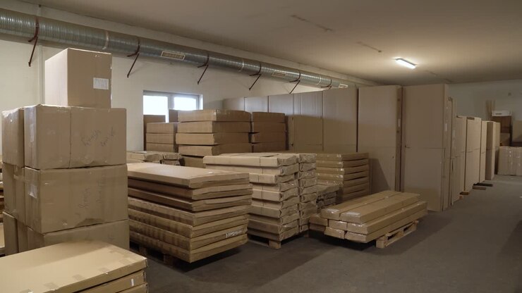 Interno di magazzino con mobili in kit impilati pronti per la distribuzione.