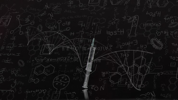 Animation of chemistry data and drawings over syringe with liquid dropping