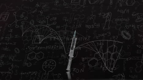 animación de datos químicos y dibujos sobre la jeringa con goteo de líquido