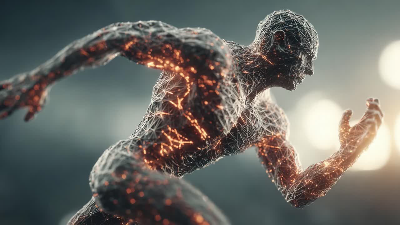 En dynamisk og futuristisk fremstilling af en menneskelig figur i bevægelse, der viser en kompleks mesh-struktur med lysende elementer i en markant atletisk positur
