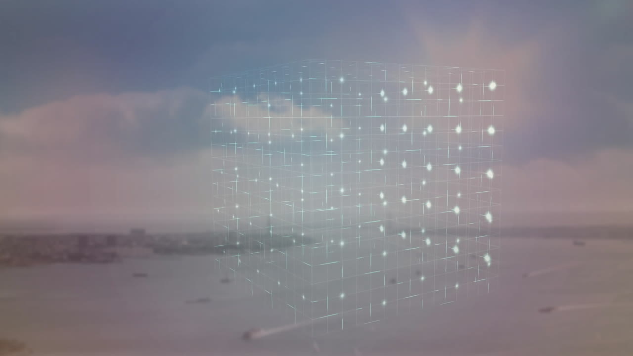 Glødende noder i digital gitterstruktur over bybillede og animeret skyet himmel