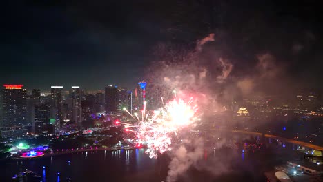 a mesmerizing view from above as fireworks ignite the sky, reflected in the water and framed by hundreds of onlookers at sea