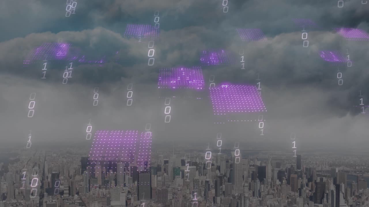 Animation of binary coding over cityscape