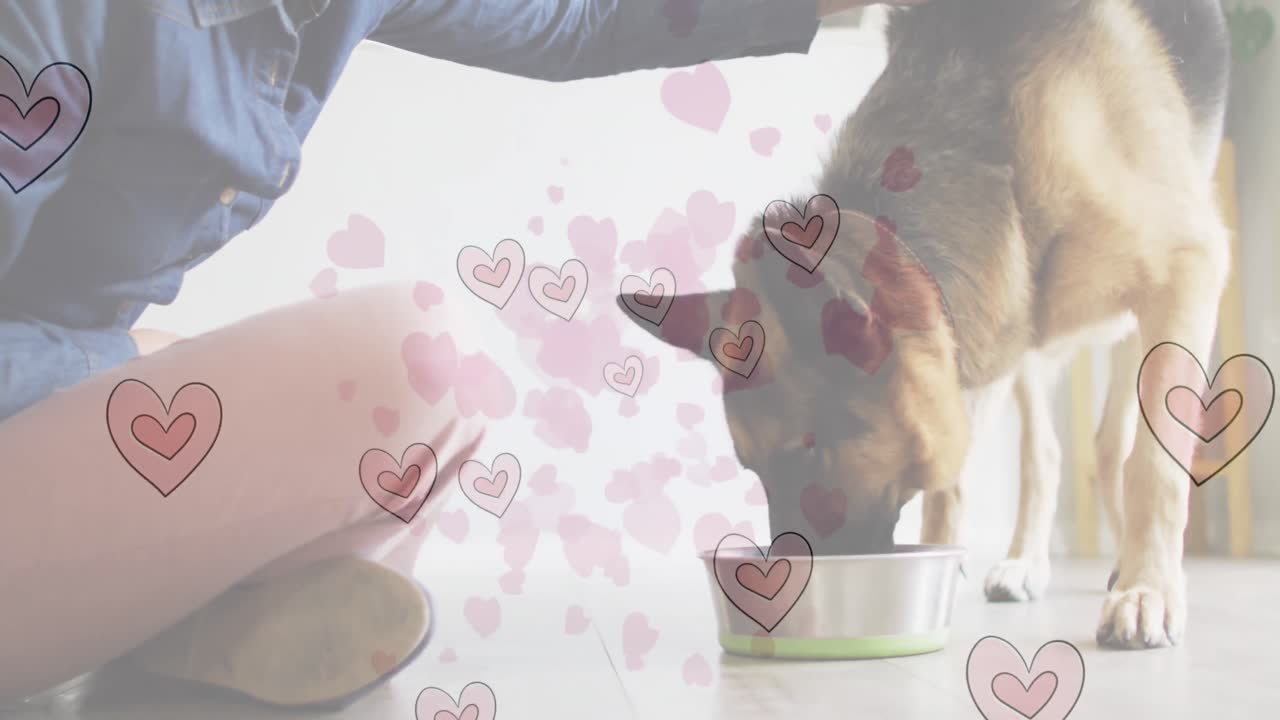 애완견과 함께 백인 여성 위에  ⁇ 은 심장 아이콘의 애니메이션