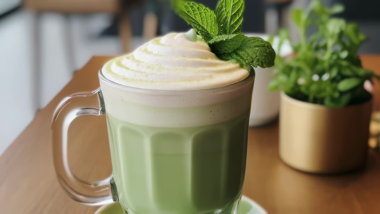 Glass of matcha latte topped with whipped cream and fresh mint leaves, resting on a cafe table with a blurred background and a small green plant in a gold pot
