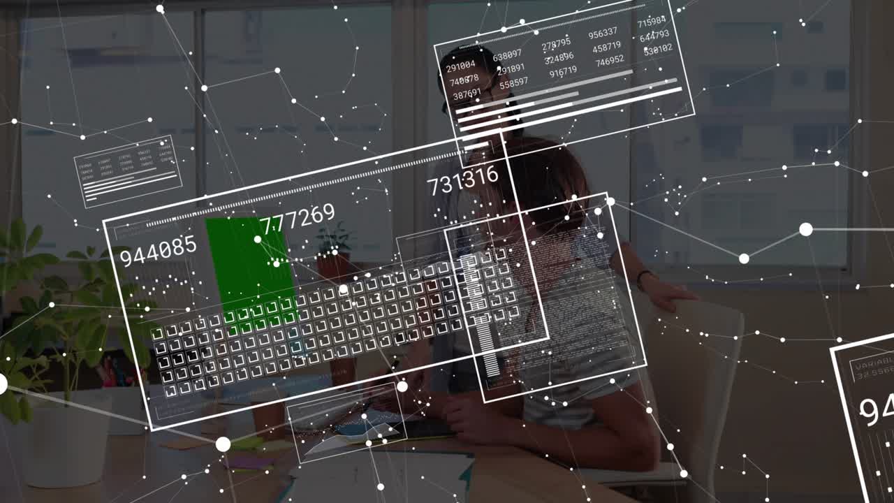 Coworkers holding stylus and typing keyboard activating network nodes and updating analytics panels