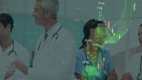 medical team reviewing patient data in hospital corridor, with digital graphs and numeric overlays