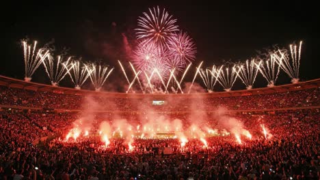 spectacular fireworks display illuminates the night sky over a thrilling crowd at a major event, creating an unforgettable atmosphere of celebration and excitement