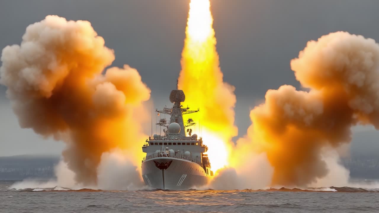 Naval Missile Launch: A Warship Successfully Fires a Missile into the Sky, Creating a Dramatic Explosion and Smoky Trail on the Open Sea and Showcasing Naval Power