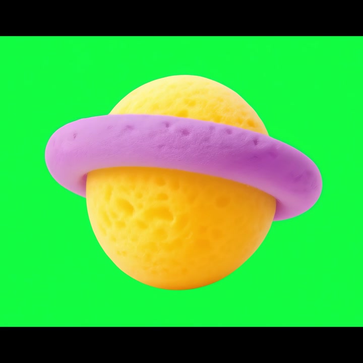 3D Animated Yellow Planet with Purple Ring on Green Screen
