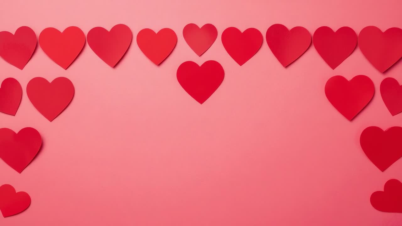 Avvio del primo fotogramma, cuori di carta rossi che si spostano leggermente su sfondo rosa, suggerendo uno stop motion
