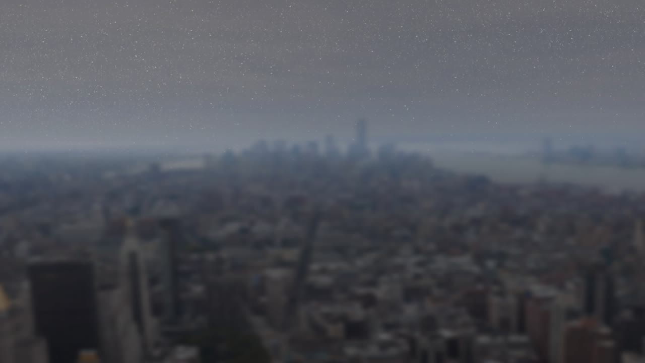 Starting aerial view over hazy skyline hologram panels emerging sliding and fading to display data