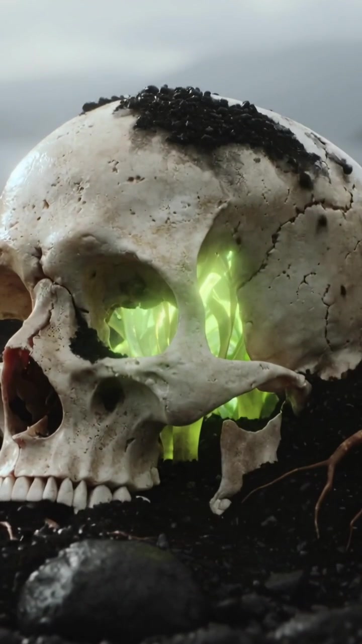 Video verticale: Terreno che si sposta rivelando un teschio che espone cristalli verde neon attraverso le orbite nel terreno.