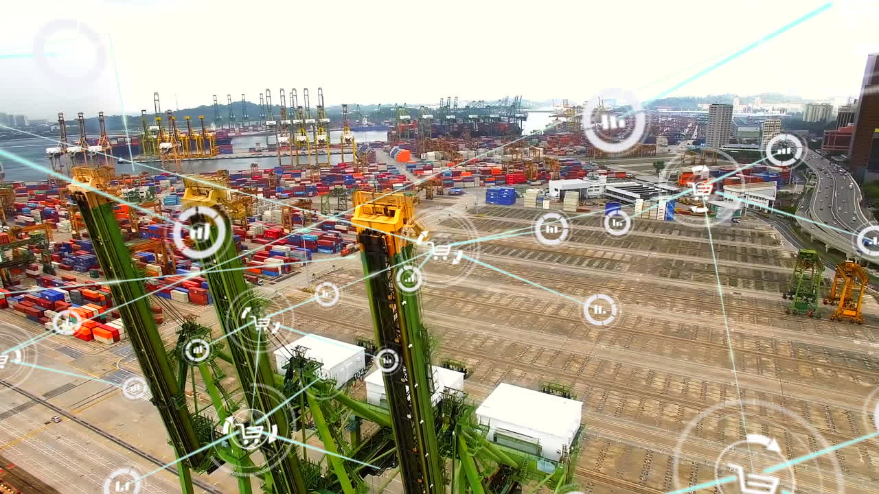 animación de la red de conexiones con iconos sobre el puerto