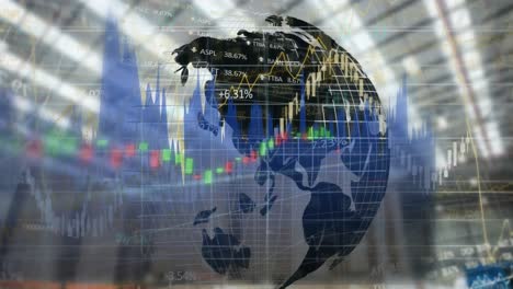 animation of statistics processing with globe over warehouse in background