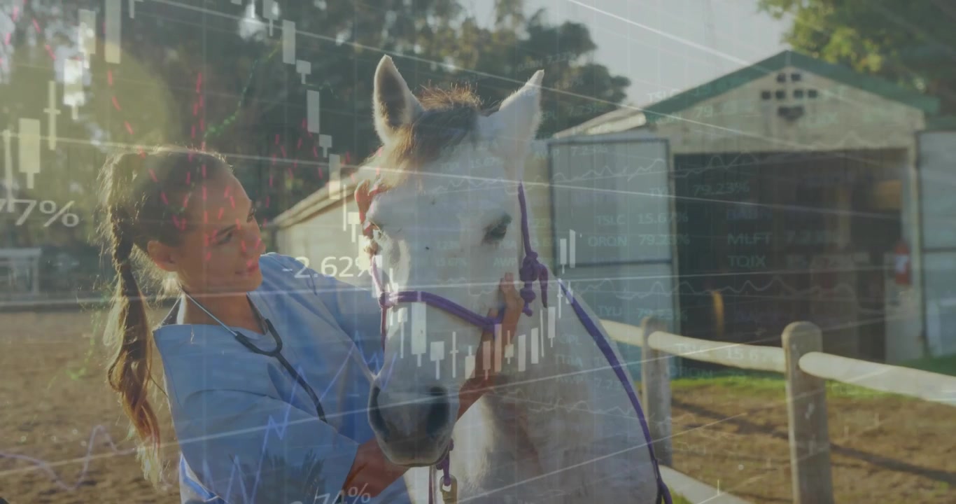 Animazione di elaborazione dati finanziari su donna caucasica con cavallo
