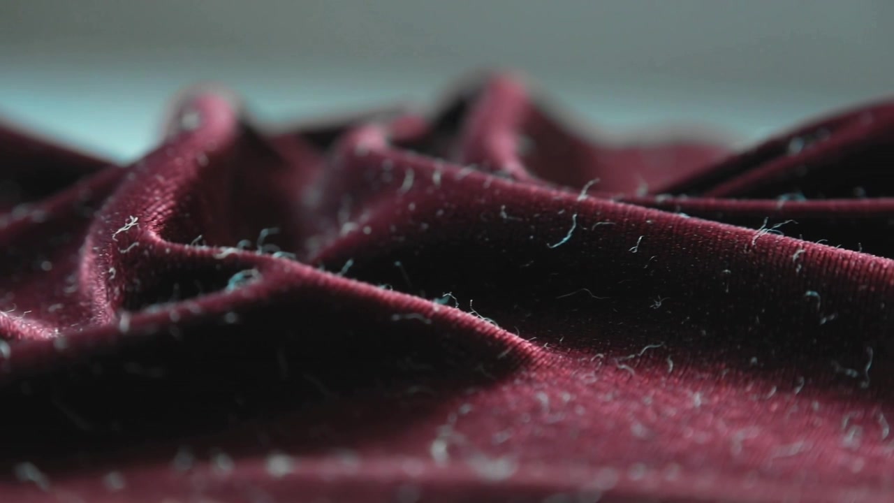 Mise au point progressive d'une caméra macro révélant du velours bordeaux plié sur une table plate, avec ses peluches et sa texture.