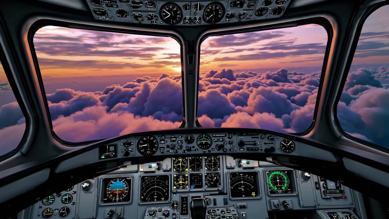 Vista dalla cabina di pilotaggio di un aereo che sorvola le nuvole al tramonto, che mostra un video coinvolgente