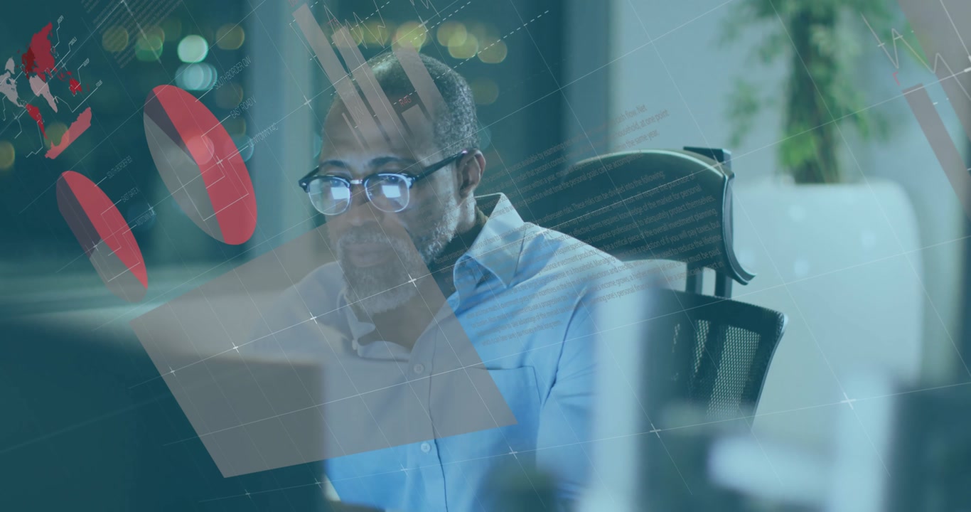 Male data analyst tapping lips causing red charts animating on window pane for finance analysis