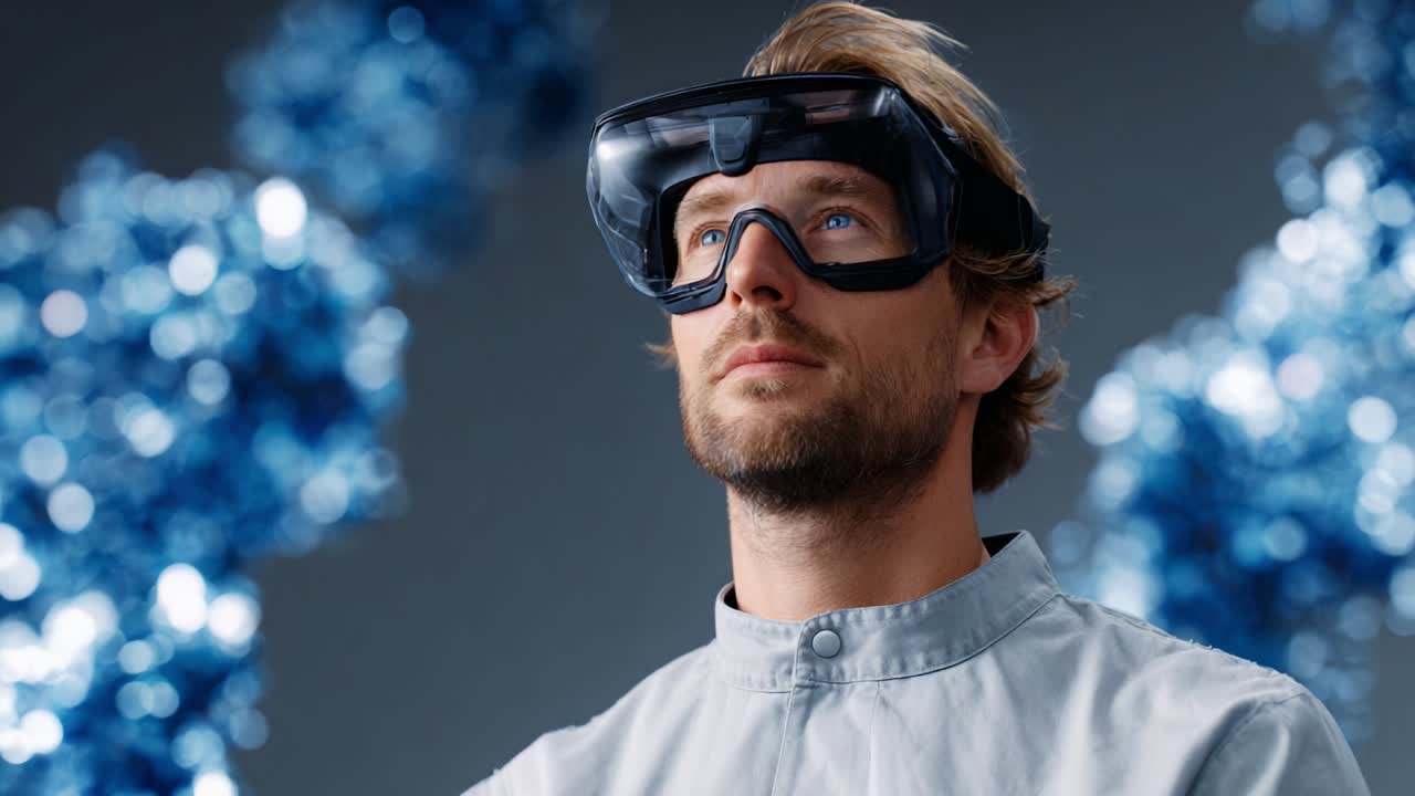 A focused scientist wearing protective goggles and a lab coat gazes upwards amidst a dynamic backdrop of shimmering blue molecular structures, embodying innovation and curiosity in scientific exploration