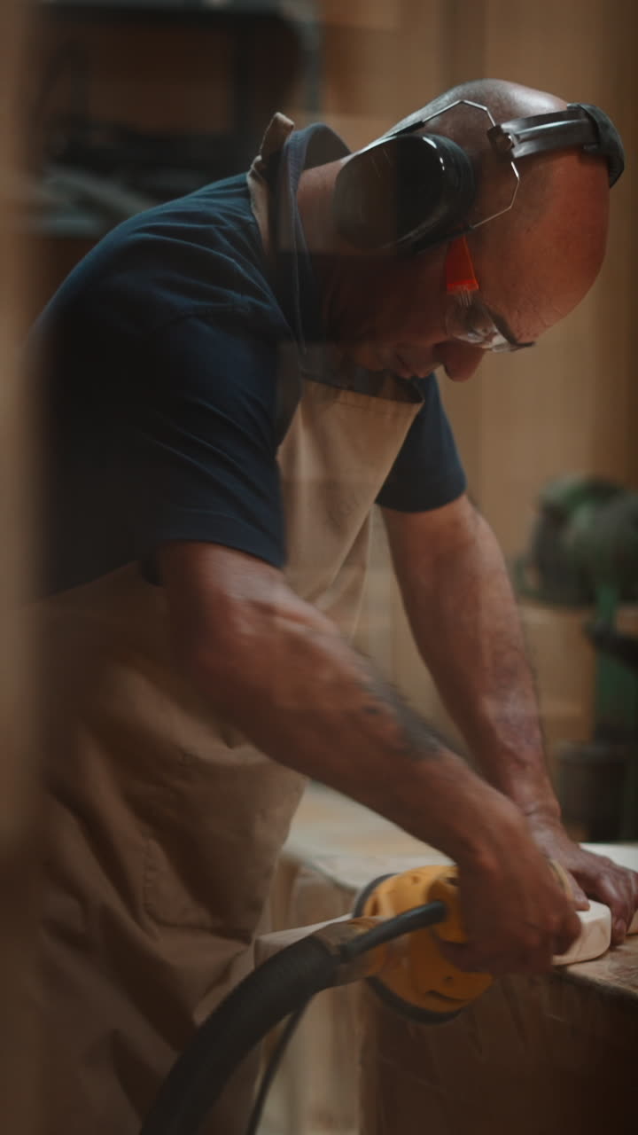 Skilled Carpenter Sanding Wooden Piece with Orbital Sander