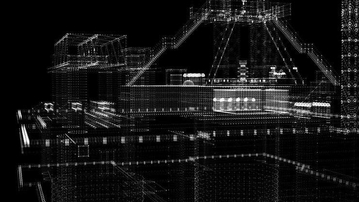 3d hologram of offshore oil platform of particles