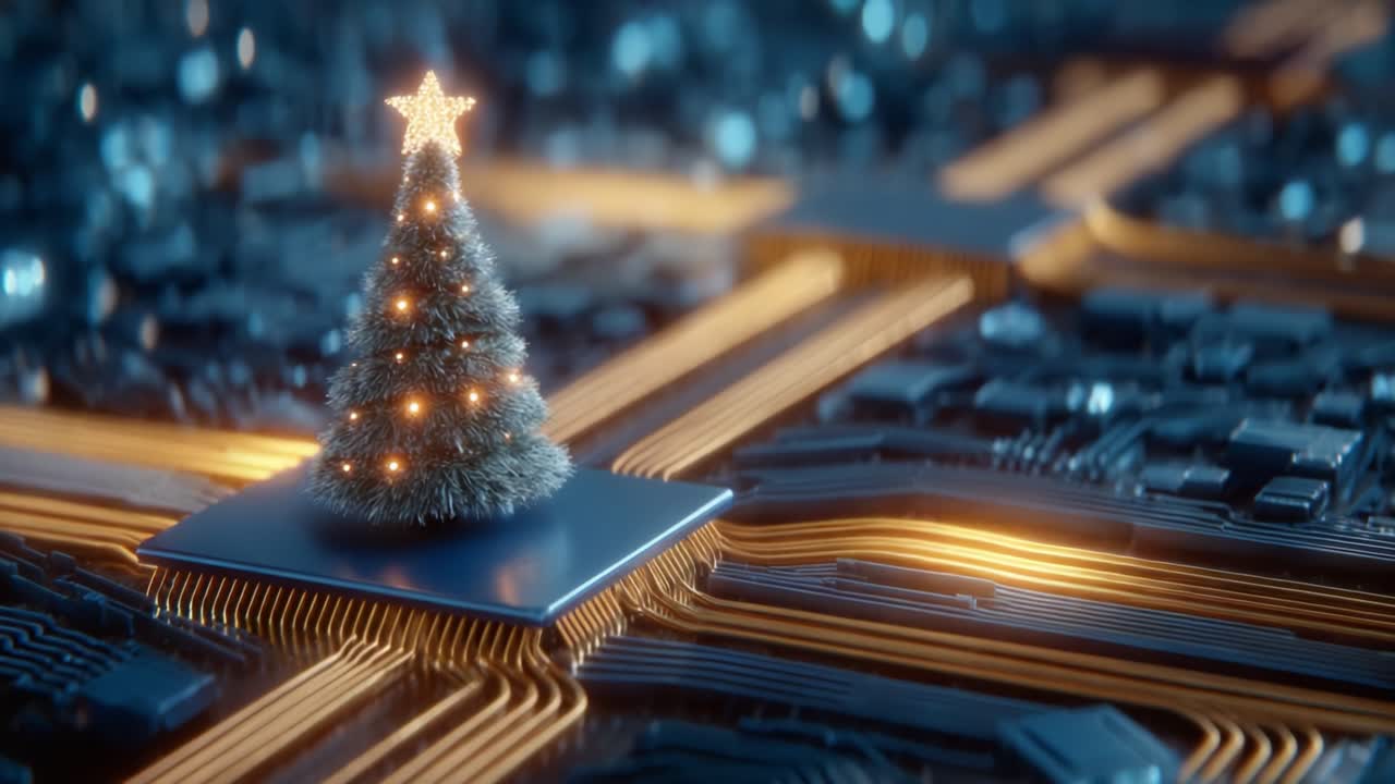 A Digital Celebration: A Christmas Tree Adorned with Lights Rests on a Circuit Board, Blending Technology with Festive Cheer and Innovation in a Futuristic Landscape