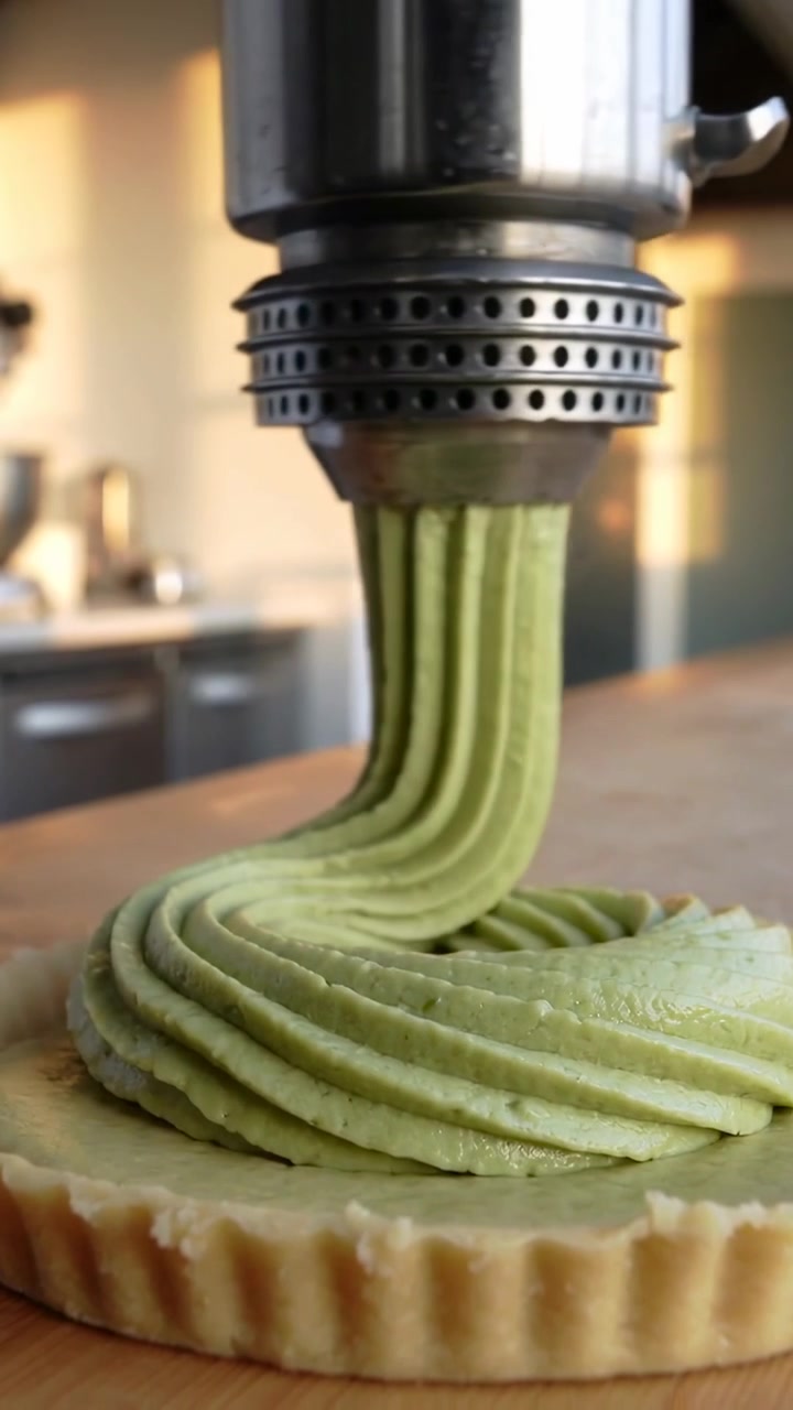 Video verticale: Motore in funzione, estrusore che eroga pasta verde a spirale per riempire una base di crostata sul bancone.