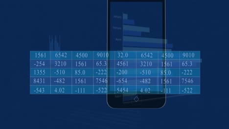 Animación-Del-Icono-Del-Teléfono-Inteligente-Y-Procesamiento-De-Datos-Estadísticos-Sobre-Fondo-Azul