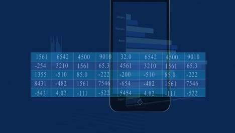 animation of smartphone icon and statistical data processing against blue background