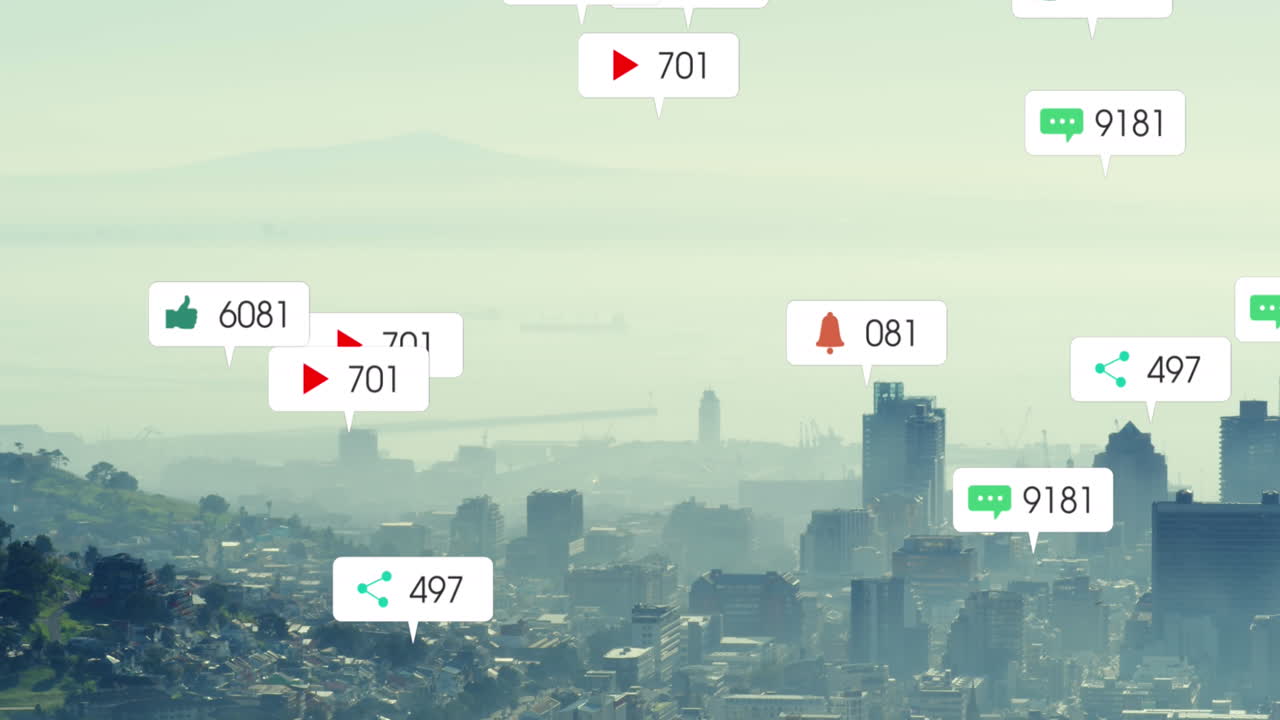 소셜 미디어 아이콘의 애니메이션과 도시 풍경에 대한 데이터 처리