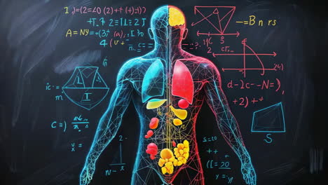 human anatomy and scientific diagrams on a chalkboard