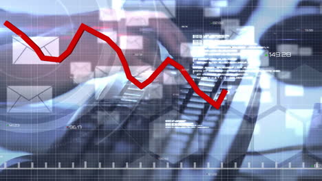 animation of red line and financial data processing over computer keyboard