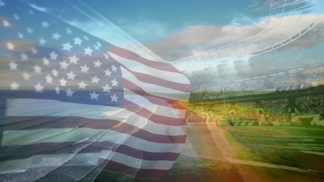 animación de la bandera de américa ondeando sobre la playa soleada y la playa