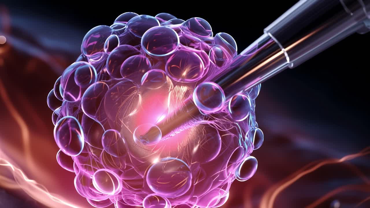 Un primo piano di un fenomeno scientifico: Esplorazione delle complessità dell'interazione cellulare con tecniche microscopiche avanzate e manipolazione di particelle ad alta energia