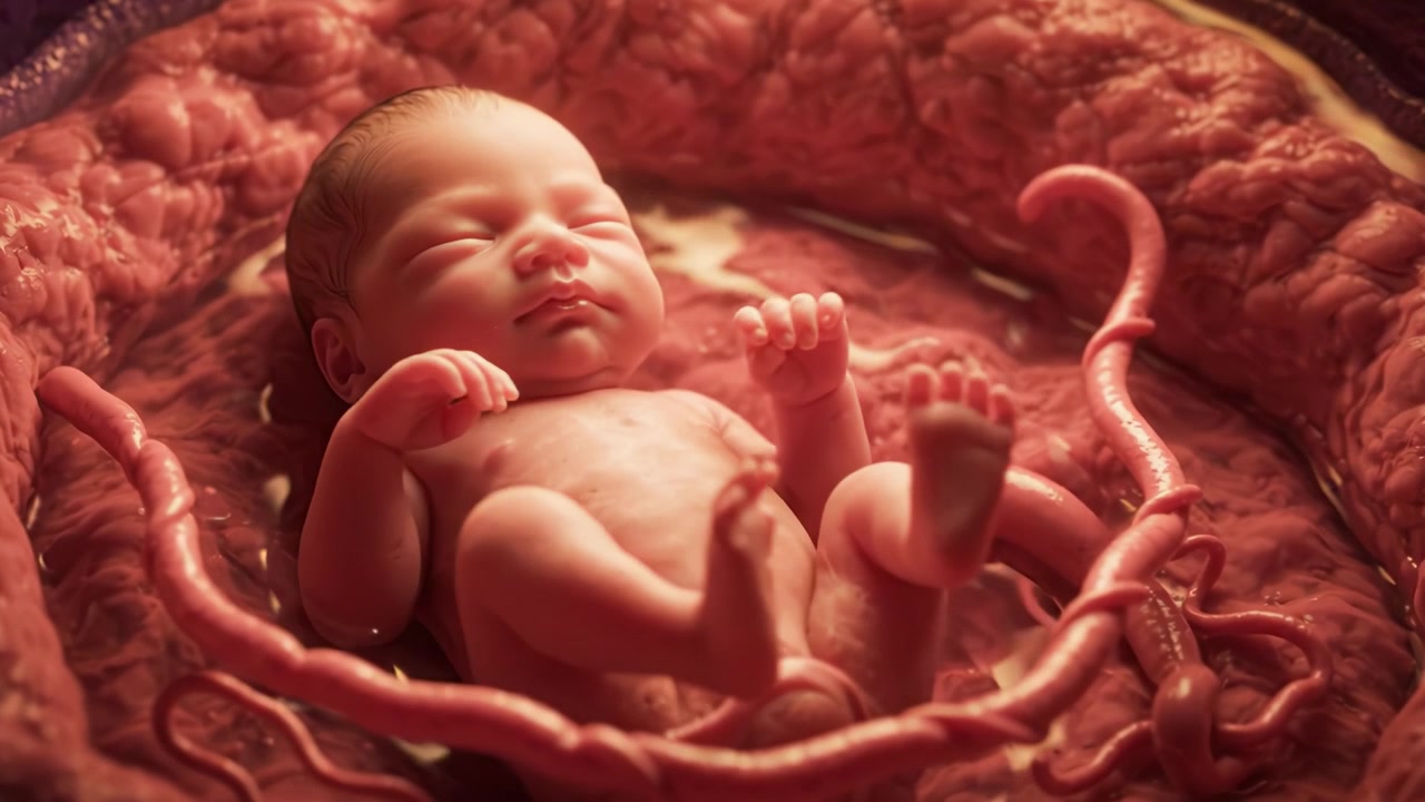 Un viaggio di sviluppo: che illustra l'ambiente fetale di un nascituro nell'utero, mostrando l'intricata connessione tra vita e nutrimento